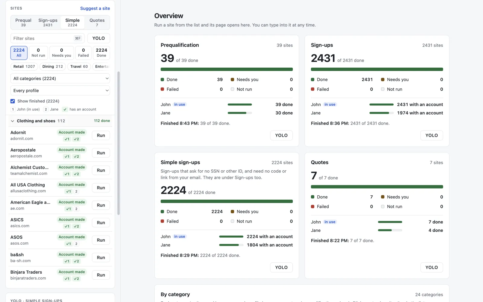 OneProfile's window: the list of sign-ups, each with its account made, beside the overview of every section's progress.