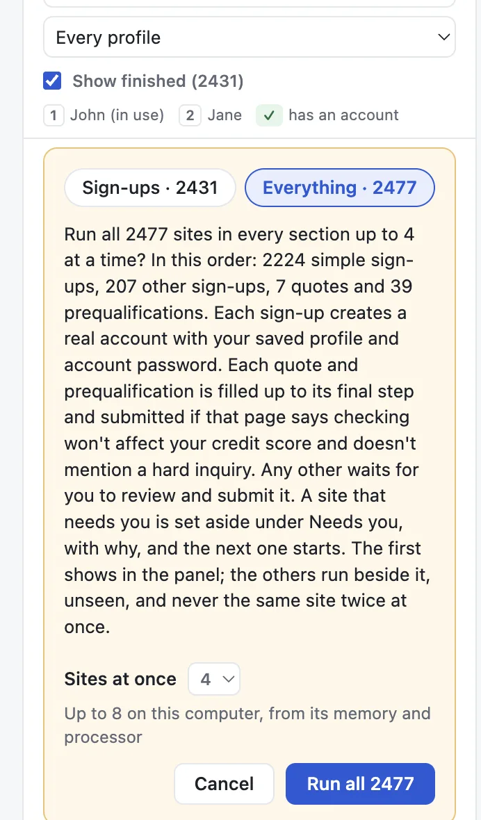 Running every site at once: what YOLO will do, the number of sites at once, and Run all.